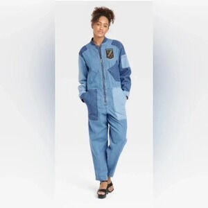 Houston White | Target Blue Denim Patchwork Long Sleeve Jumpsuit